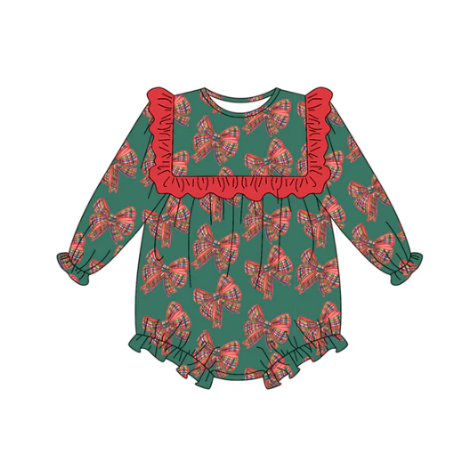 7.9 Preorder (moq 5)Baby Girls Long Sleeves Green Red Plaid Bows Plaid Ruffle Romper