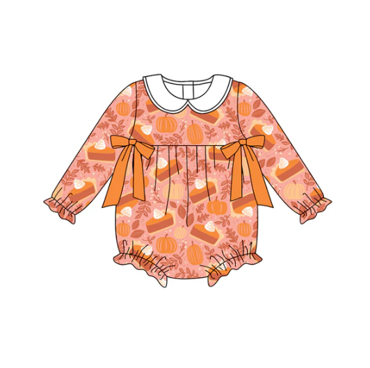 7.9 Preorder (moq 5)Baby Girls Long Sleeves Peach Pie Pumpkins Bows Plaid Ruffle Romper