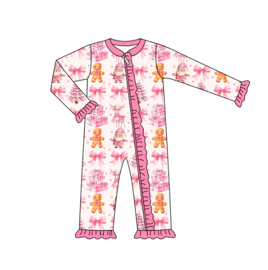 7.9 Preorder (moq 5)Baby Girls Long Sleeves Pink Bows Santa Gingerbread Ruffle Zipper Pant Romper