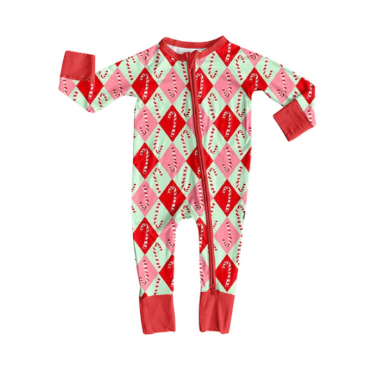 7.9 Preorder (moq 5)Baby Girls Long Sleeves Red Green Plaid Candy Cane Zipper Pant Romper