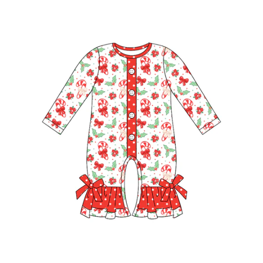 7.9 Preorder (moq 5)Baby Girls Long Sleeves Red Bows Candy Cane Holly Button Ruffle Pant Romper