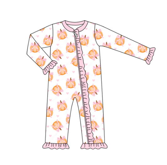 7.9 Preorder (moq 5)Baby Girls Long Sleeves Pink Bows Pumpkins Plaid Ruffle Zipper Romper