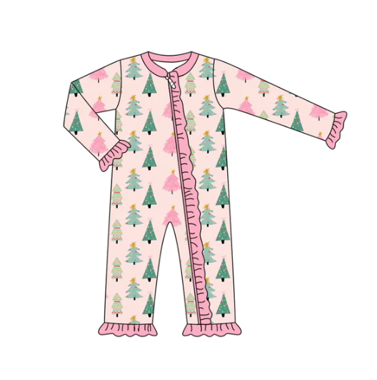 7.9 Preorder (moq 5)Baby Girls Pink Long Sleeves Colorful Trees Plaid Ruffle Zipper Romper