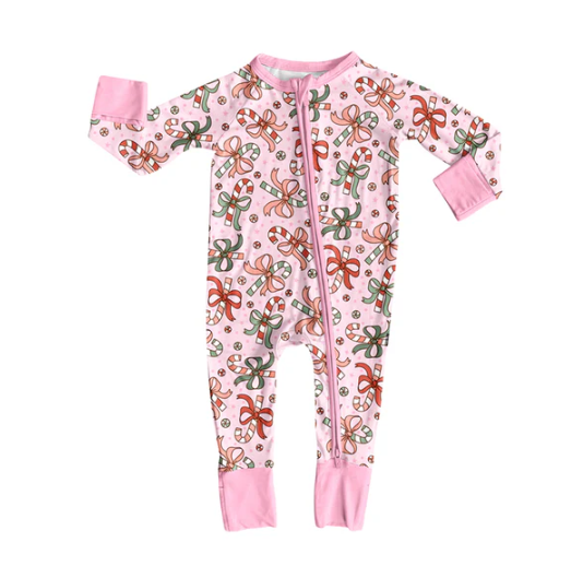 7.9 Preorder (moq 5)Baby Girls Pink Long Sleeves Bows Candy Cane Plaid Zipper Romper