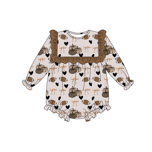 7.9 Preorder (moq 5)Baby Girls Gray Long Sleeves Footballs Bows Pumpkins Plaid Ruffle Romper