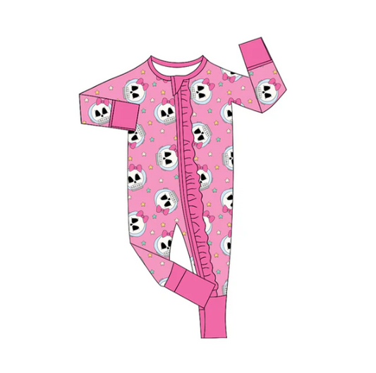 7.9 Preorder (moq 5)Baby Girls Pink Long Sleeves Bows Skulls Stars Plaid Ruffle Zipper Romper