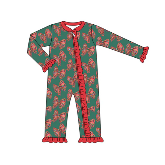 7.9 Preorder (moq 5)Baby Girls Green Long Sleeves Red Plaid Bows Ruffle Zipper Romper