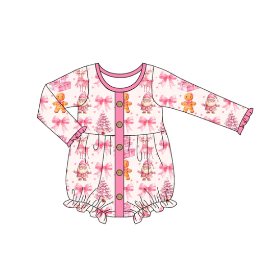 7.9 Preorder (moq 5)Baby Girls Long Sleeves Pink Bows Santa Gingerbread Button Ruffle Romper