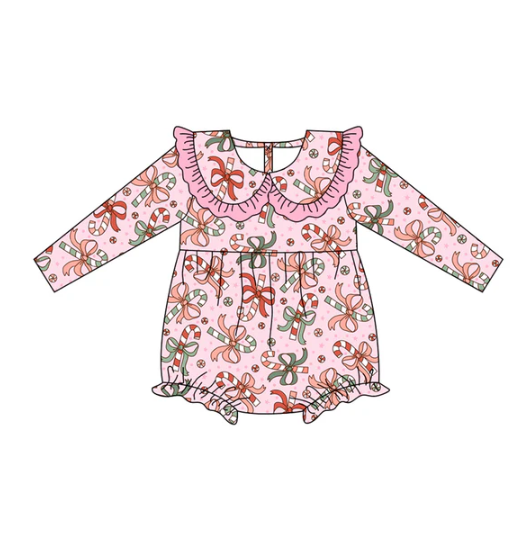 7.9 Preorder (moq 5)Baby Girls Long Sleeves Pink Bows Candy Cane Ruffle Romper