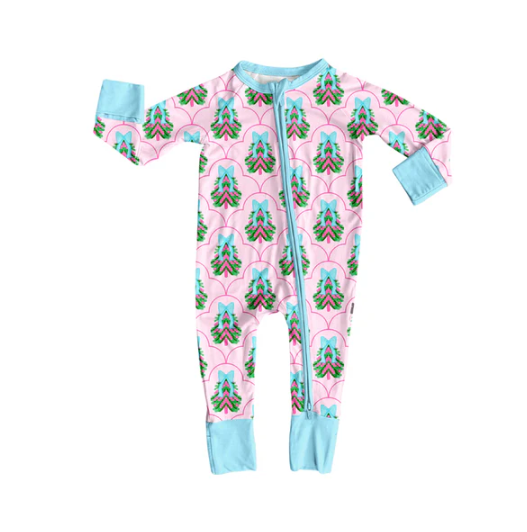 7.9 Preorder (moq 5)Baby Girls Long Sleeves Pink Bows Trees Plaid Zipper Romper