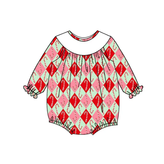 7.9 Preorder (moq 5)Baby Girls Long Sleeves Red Green Candy Cane Plaid Ruffle Romper