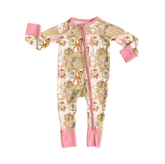 7.9 Preorder (moq 5)Baby Girls Long Sleeves Pink Deer Gift Santa Plaid Zipper Romper