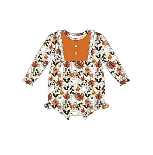 7.9 Preorder (moq 5)Baby Girls Long Sleeves Ghost Pumpkins Bats Plaid Button Ruffle Romper