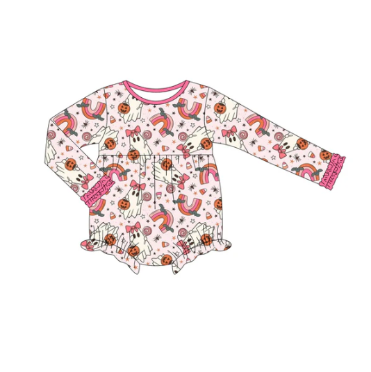 7.9Preorder (moq 5)Baby Girls Long Sleeves Pink Ghost Pumpkins Rainbows Plaid Ruffle Romper