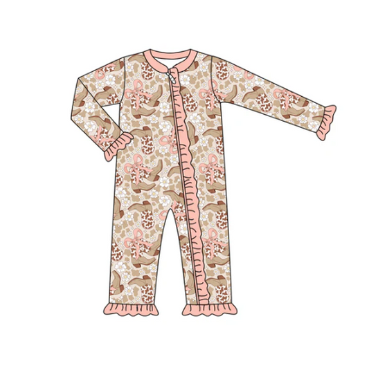 7.9 Preorder (moq 5)Baby Girls Long Sleeves Bows Leopard Boots Flowers Ruffle Zipper Romper