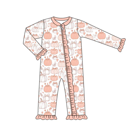 7.9 Preorder (moq 5)Baby Girls Pink Long Sleeves Flower Pumpkins Ruffle Zipper Romper