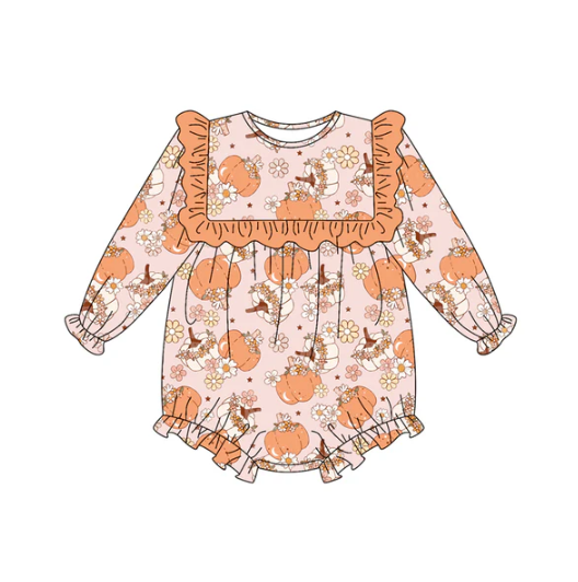 7.9 Preorder (moq 5)Baby Girls Pink Long Sleeves Flower Pumpkins Plaid Ruffle Romper