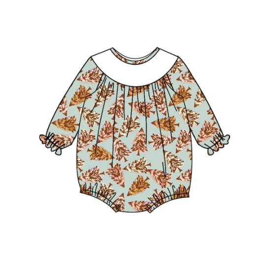 7.9 Preorder (moq 5)Baby Girls Blue Long Sleeves Trees Plaid Ruffle Romper