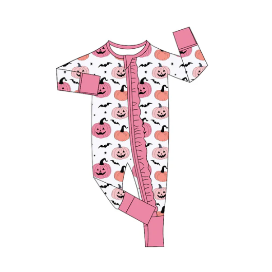 7.9 Preorder (moq 5)Baby Girls Long Sleeves Ghost Pumpkins Bats Plaid Ruffle Zipper Romper