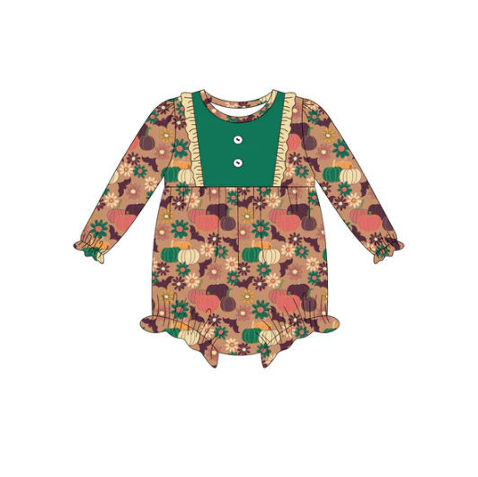 7.9 Preorder (moq 5)Baby Girls Long Sleeves Pumpkins Flowers Bats Button Ruffle Romper