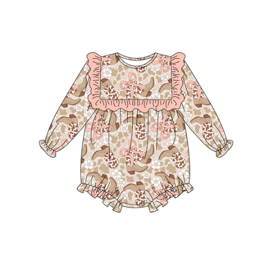 7.9 Preorder (moq 5)Baby Girls Long Sleeves Bows Leopard Boots Flowers Ruffle Romper