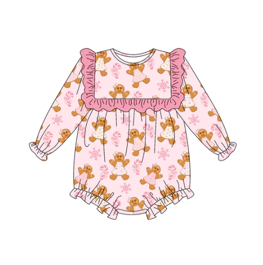 7.10 Preorder (moq 5)Baby Girls Long Sleeves Pink Gingerbread Bows Candy Cane Ruffle Romper