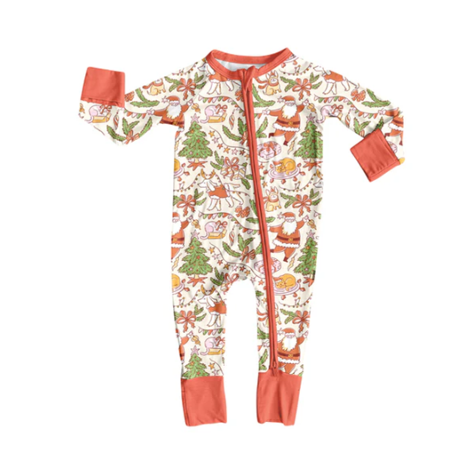 7.10 Preorder (moq 5)Baby Girls Long Sleeves Peach Santa Trees Zipper Romper