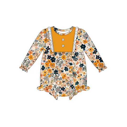 7.10 Preorder (moq 5)Baby Girls Long Sleeves Blue Yellow Floral Button Ruffle Romper