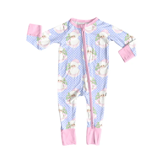 7.10 Preorder (moq 5)Baby Girls Long Sleeves Pink Polka Dots Santa Plaid Zipper Romper