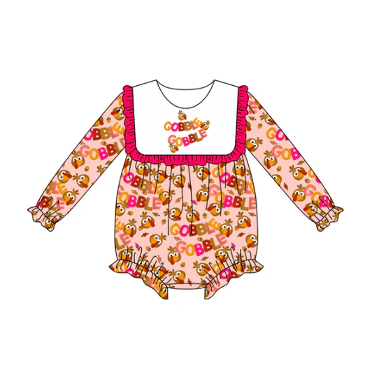 7.10 Preorder (moq 5)Baby Girls Long Sleeves Turkey Leaves Plaid Gobble Ruffle Romper