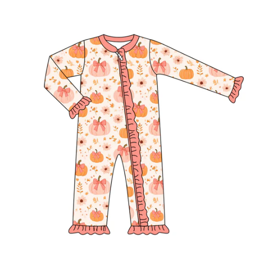 7.10 Preorder (moq 5)Baby Girls Long Sleeves Bows Pumpkins Flowers Ruffle Zipper Romper