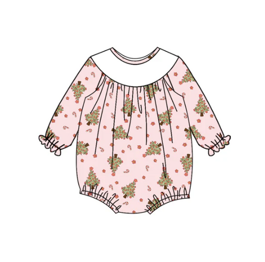 7.10 Preorder (moq 5)Baby Girls Long Sleeves Pink Flowers Trees Plaid Ruffle Romper