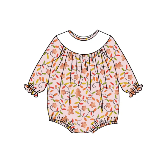 7.10 Preorder (moq 5)Baby Girls Long Sleeves Pink Lights Gingerbread Plaid Ruffle Romper