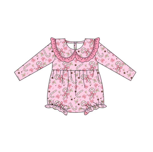 7.10 Preorder (moq 5)Baby Girls Long Sleeves Pink Bows Candy Cane Holly Plaid Ruffle Romper