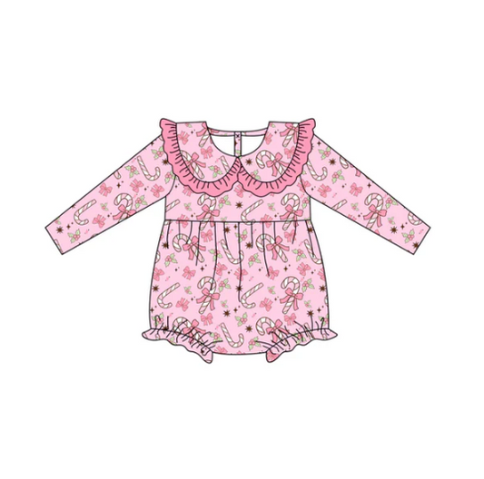 7.10 Preorder (moq 5)Baby Girls Long Sleeves Pink Bows Candy Cane Holly Plaid Ruffle Romper