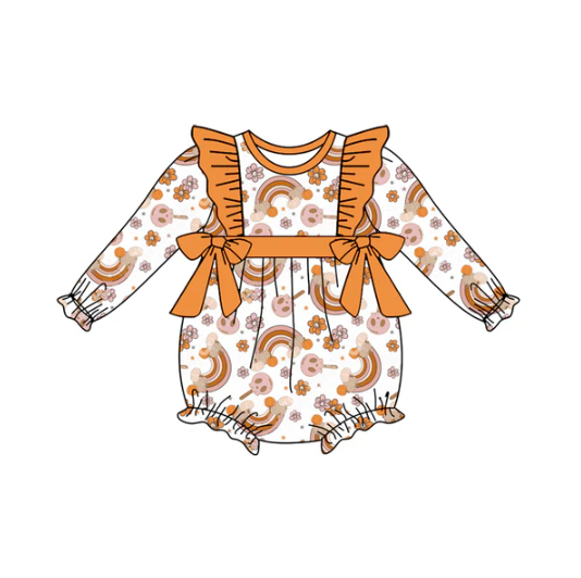 7.10 Preorder (moq 5)Baby Girls Long Sleeves Flowers Rainbows Pumpkins Bows Ruffle Romper