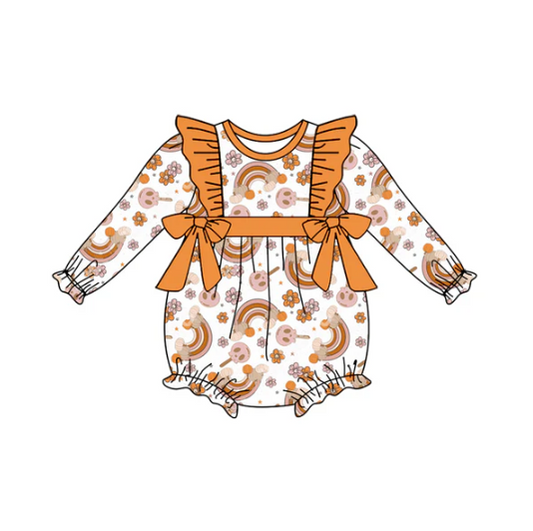 7.10 Preorder (moq 5)Baby Girls Long Sleeves Flowers Rainbows Pumpkins Bows Ruffle Romper