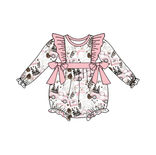 7.10 Preorder (moq 5)Baby Girls Long Sleeves Snowman Trees Trucks Bows Ruffle Romper