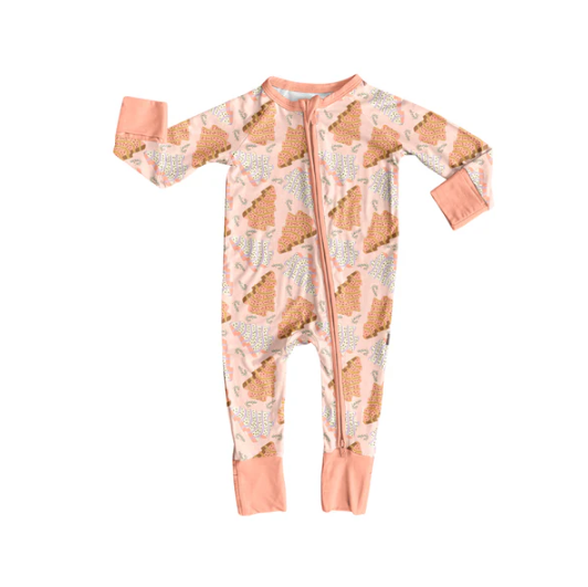 7.10 Preorder (moq 5)Baby Girls Long Sleeves Peach Trees Plaid Zipper Romper