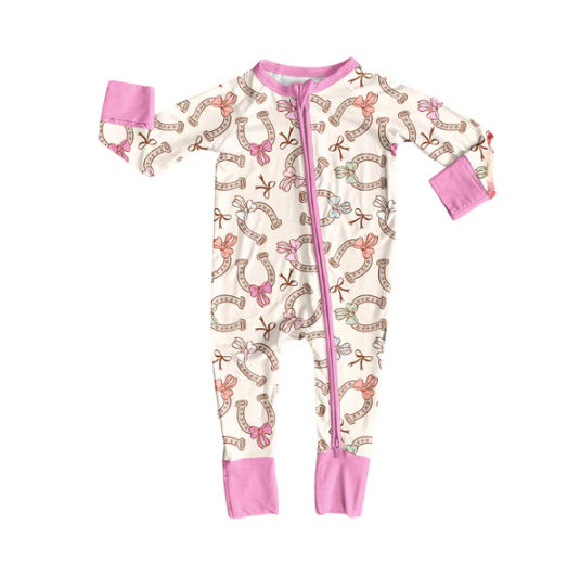 7.10 Preorder (moq 5)Baby Girls Long Sleeves Pink Bows Horse Shoes Plaid Zipper Romper