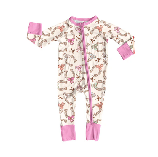 7.10 Preorder (moq 5)Baby Girls Long Sleeves Pink Bows Horse Shoes Plaid Zipper Romper
