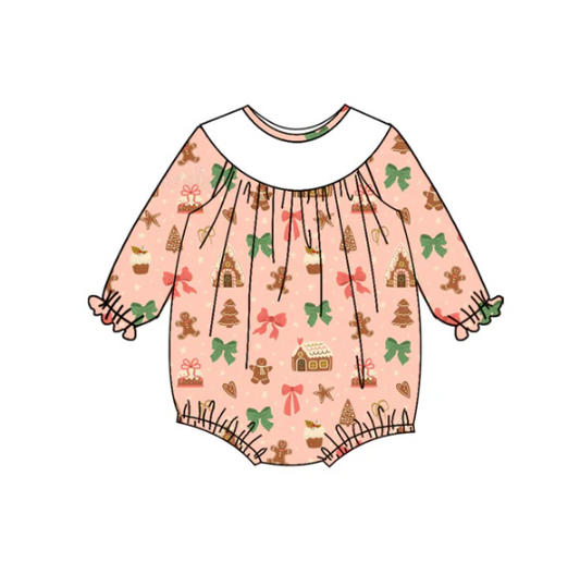 7.10 Preorder (moq 5)Baby Girls Long Sleeves Bows Gingerbread Houses Plaid Ruffle Romper