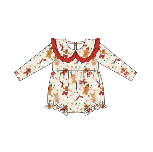 7.10 Preorder (moq 5)Baby Girls Long Sleeves Snowman Gingerbread Lights Ruffle Romper
