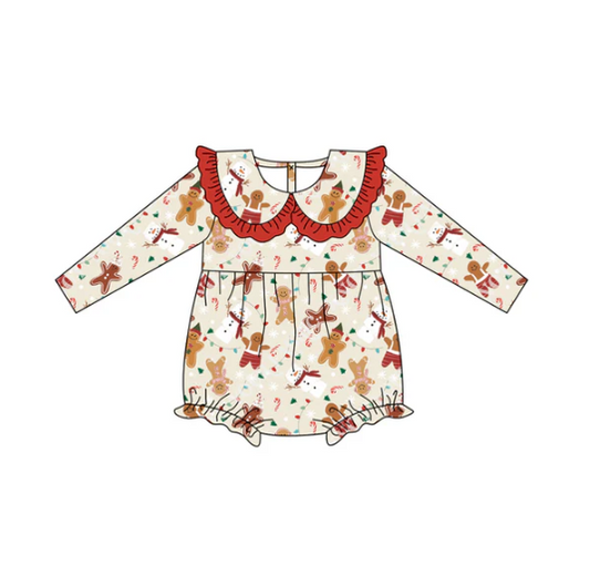 7.10 Preorder (moq 5)Baby Girls Long Sleeves Snowman Gingerbread Lights Ruffle Romper