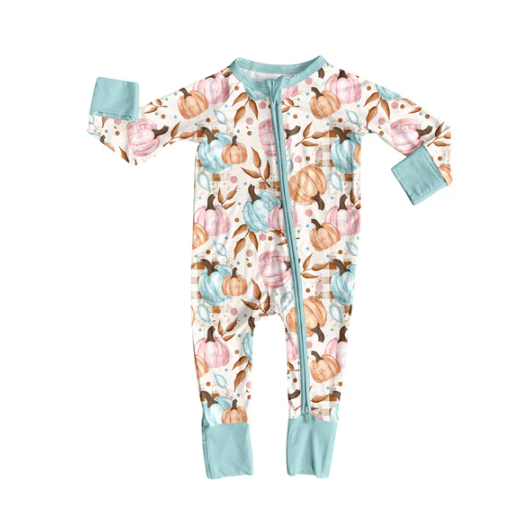 7.10 Preorder (moq 5)Baby Girls Long Sleeves Colorful Pumpkins Floral Plaid Zipper Romper