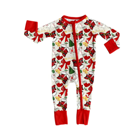 7.10 Preorder (moq 5)Baby Girls Long Sleeves Red Bows Holly Trees Plaid Zipper Romper