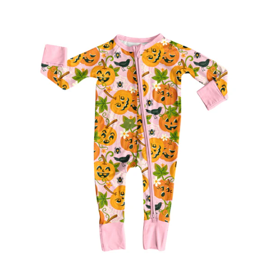 7.10 Preorder (moq 5)Baby Girls Long Sleeves Pink Floral Ghost Pumpkins Plaid Zipper Romper