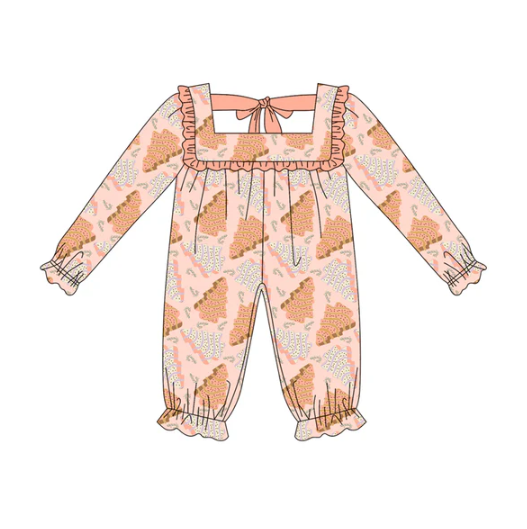 7.10 Preorder (moq 5)Baby Girls Long Sleeves Peach Trees Plaid Ruffle Pant Romper