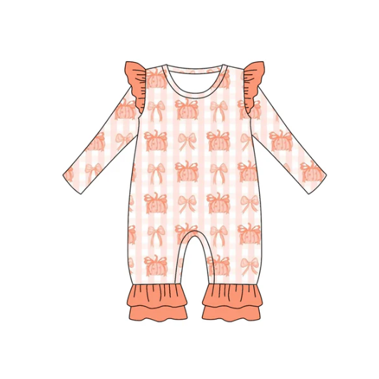 7.10 Preorder (moq 5)Baby Girls Long Sleeves Peach Bows Pumpkins Plaid Ruffle Pant Romper