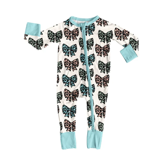 7.10 Preorder (moq 5)Baby Girls Long Sleeves Colorful Leopard Bows Plaid Zipper Romper